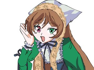 Rating: Safe Score: 0 Tags: 1girl bangs brown_hair dress eyebrows_visible_through_hair frills green_dress green_eyes head_scarf heterochromia image long_hair long_sleeves looking_at_viewer open_mouth red_eyes ribbon simple_background solo suiseiseki upper_body white_background User: admin