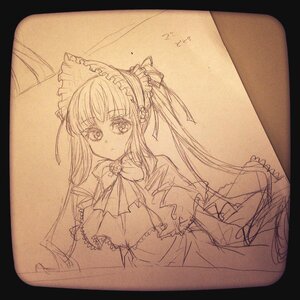 Rating: Safe Score: 0 Tags: 1girl black_border border bow bowtie dress hairband image letterboxed long_hair long_sleeves looking_at_viewer monochrome photo shinku solo traditional_media upper_body User: admin