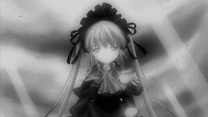 Rating: Safe Score: 0 Tags: 1girl dress floating_hair greyscale hairband image long_hair long_sleeves looking_at_viewer monochrome ribbon shinku solo twintails very_long_hair User: admin