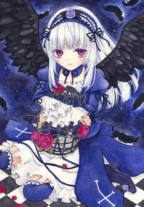 Rating: Safe Score: 0 Tags: 1girl argyle argyle_background argyle_legwear bird black_feathers black_wings checkered checkered_background checkered_floor chess_piece dress feathered_wings feathers flower frills gothic_lolita hairband image lolita_fashion lolita_hairband long_hair marker_(medium) perspective purple_eyes red_flower red_rose rose solo suigintou thighhighs tile_floor tiles traditional_media wings User: admin