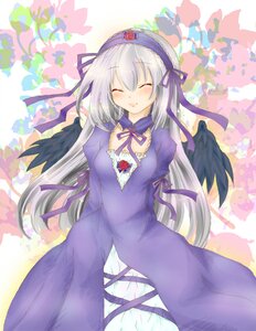 Rating: Safe Score: 0 Tags: 1girl black_wings blush closed_eyes detached_collar dress flower frills hairband image long_hair long_sleeves ribbon rose silver_hair smile solo suigintou wings User: admin