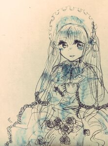 Rating: Safe Score: 0 Tags: 1girl blush bonnet dress eyebrows_visible_through_hair flower frills hair_ornament image long_hair long_sleeves looking_at_viewer monochrome shinku simple_background smile solo traditional_media User: admin