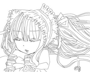 Rating: Safe Score: 0 Tags: 1girl bangs blush closed_eyes dress drill_hair facing_viewer frills greyscale hairband image long_hair monochrome ribbon shinku solo striped striped_background vertical_stripes white_background User: admin