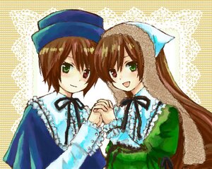 Rating: Safe Score: 0 Tags: 2girls :d black_ribbon blue_dress brown_hair dress frills green_dress green_eyes hat head_scarf heterochromia holding_hands image interlocked_fingers long_hair long_sleeves looking_at_viewer multiple_girls open_mouth pair red_eyes ribbon short_hair siblings sisters smile souseiseki suiseiseki twins User: admin