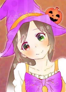Rating: Safe Score: 0 Tags: 1girl blush brown_hair closed_mouth collarbone green_eyes halloween halloween_costume happy_halloween hat image jack-o'-lantern looking_at_viewer pumpkin purple_headwear short_hair smile solo suiseiseki trick_or_treat witch_hat User: admin