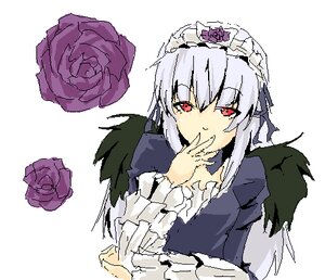 Rating: Safe Score: 0 Tags: 1girl bangs closed_mouth dress flower frills image long_hair long_sleeves looking_at_viewer purple_flower purple_rose red_eyes red_flower red_rose rose silver_hair simple_background smile solo suigintou upper_body white_background wings User: admin