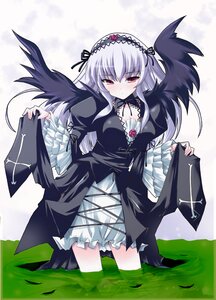 Rating: Safe Score: 0 Tags: 1girl black_wings blush detached_collar dress flower frilled_sleeves frills hairband image long_hair long_sleeves looking_at_viewer red_eyes ribbon rose silver_hair solo standing suigintou wading wings User: admin