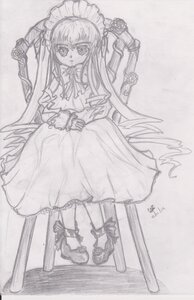 Rating: Safe Score: 0 Tags: 1girl chair dress flower frills full_body image long_hair long_sleeves looking_at_viewer monochrome photo rose shinku sitting solo standing traditional_media User: admin
