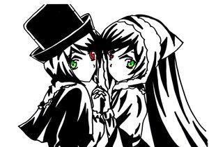 Rating: Safe Score: 0 Tags: 2girls green_eyes hat heterochromia holding_hands image long_hair looking_at_viewer monochrome multiple_girls pair red_eyes siblings sisters souseiseki spot_color suiseiseki top_hat twins User: admin