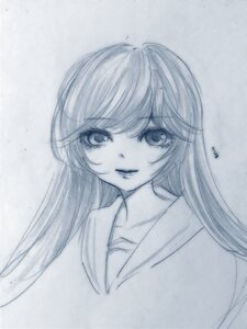 Rating: Safe Score: 0 Tags: 1girl bangs blue_theme eyebrows_visible_through_hair graphite_(medium) image lips long_hair looking_at_viewer monochrome sketch smile solo suiseiseki traditional_media User: admin