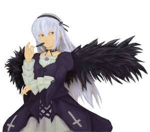 Rating: Safe Score: 0 Tags: 1girl black_wings dress feathers frills hairband image long_hair long_sleeves looking_at_viewer puffy_sleeves ribbon rose silver_hair solo suigintou white_background wings User: admin