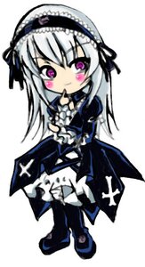 Rating: Safe Score: 0 Tags: 1girl blush boots chibi dress finger_to_mouth frills full_body hairband image index_finger_raised lolita_hairband long_hair long_sleeves pink_eyes puffy_sleeves rose silver_hair simple_background smile solo standing suigintou white_background wings User: admin
