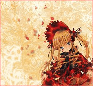 Rating: Safe Score: 0 Tags: 1girl blonde_hair blue_eyes blush border bow image long_hair long_sleeves looking_at_viewer petals shinku smile solo twintails umbrella User: admin