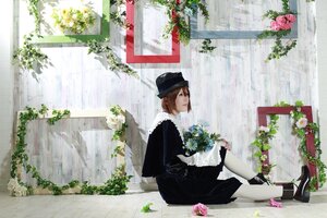 Rating: Safe Score: 0 Tags: 1girl bouquet brown_hair dress flower hat looking_at_viewer short_hair sitting solo souseiseki window User: admin