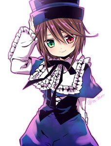 Rating: Safe Score: 0 Tags: 1girl brown_hair dress frills green_eyes hat heterochromia image long_sleeves looking_at_viewer red_eyes short_hair smile solo souseiseki top_hat twitter_username white_background User: admin