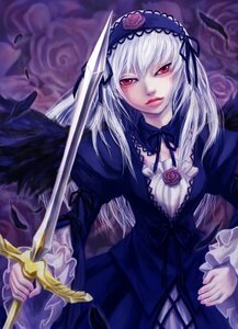 Rating: Safe Score: 0 Tags: 1girl dress feathers flower frills gothic_lolita hairband image lolita_fashion lolita_hairband long_hair long_sleeves looking_at_viewer red_eyes ribbon rose silver_hair solo suigintou sword weapon wings User: admin