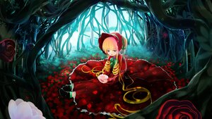 Rating: Safe Score: 0 Tags: 1girl blonde_hair blue_eyes bonnet capelet dress flower forest image long_hair nature red_capelet red_dress red_flower rose shinku solo twintails User: admin