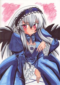 Rating: Safe Score: 3 Tags: 1girl black_wings blush detached_collar dress frilled_sleeves frills hairband image juliet_sleeves long_hair long_sleeves looking_at_viewer marker_(medium) puffy_sleeves red_eyes silver_hair smile solo suigintou traditional_media wings User: admin