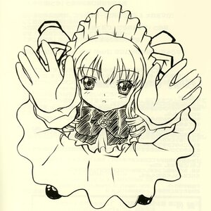 Rating: Safe Score: 0 Tags: 1girl blush bow bowtie dress image long_hair long_sleeves looking_at_viewer monochrome rose shinku solo User: admin