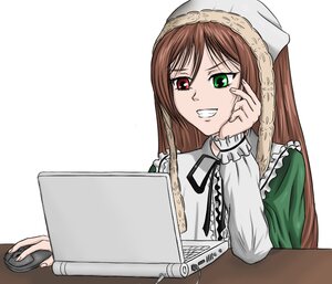 Rating: Safe Score: 0 Tags: 1girl brown_hair food frills green_dress green_eyes head_scarf heterochromia image long_hair long_sleeves red_eyes simple_background smile solo suiseiseki table teeth white_background User: admin