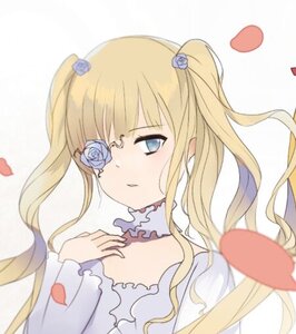 Rating: Safe Score: 0 Tags: 1girl blonde_hair blue_eyes blue_flower blue_rose blurry blurry_foreground blush choker depth_of_field dress flower image kirakishou long_hair petals rose rose_petals solo striped twintails User: admin