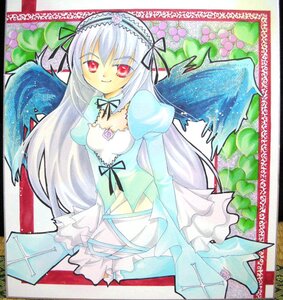 Rating: Safe Score: 0 Tags: 1girl detached_collar dress flower frilled_sleeves frills hairband image long_hair long_sleeves looking_at_viewer marker_(medium) puffy_sleeves red_eyes shikishi silver_hair smile solo suigintou traditional_media wings User: admin