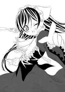 Rating: Safe Score: 0 Tags: 1girl blush dress frills greyscale head_scarf image long_hair long_sleeves looking_at_viewer monochrome one_eye_closed open_mouth outstretched_arm simple_background smile solo suiseiseki very_long_hair white_background User: admin