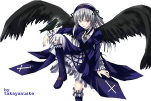 Rating: Safe Score: 0 Tags: 1girl black_wings dress feathers frills full_body hairband image long_hair long_sleeves looking_at_viewer red_eyes rose silver_hair solo suigintou wings User: admin