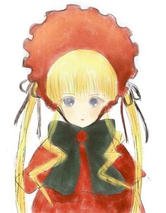 Rating: Safe Score: 0 Tags: 1girl bangs blonde_hair blue_eyes blush bonnet bow dress drill_hair image long_hair long_sleeves looking_at_viewer shinku simple_background solo twintails upper_body white_background User: admin