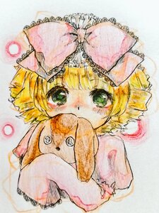 Rating: Safe Score: 0 Tags: 1girl blonde_hair blush bow colored_pencil_(medium) green_eyes hair_bow hina_ichigo hinaichigo image looking_at_viewer pink_bow puffy_sleeves short_hair short_sleeves solo stuffed_animal traditional_media watercolor_(medium) User: admin