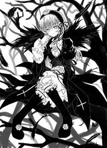 Rating: Safe Score: 0 Tags: 1girl boots dress feathers flower frills greyscale hairband image long_hair long_sleeves looking_at_viewer monochrome plant rose sitting solo suigintou thighhighs thorns wings User: admin