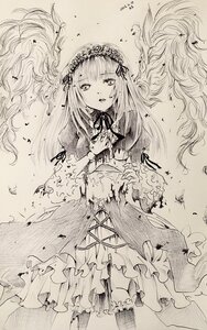 Rating: Safe Score: 0 Tags: 1girl dress flower frills hairband image long_hair long_sleeves looking_at_viewer monochrome ribbon solo standing suigintou traditional_media User: admin