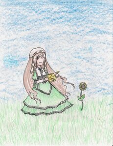Rating: Safe Score: 0 Tags: 1girl blonde_hair dress flower frills green_dress hat holding image long_hair long_sleeves looking_at_viewer ribbon smile solo suiseiseki traditional_media very_long_hair watering_can User: admin
