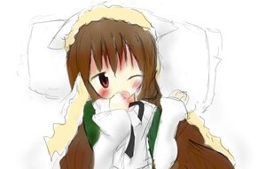 Rating: Safe Score: 0 Tags: 1girl ;d blush brown_hair head_scarf image long_sleeves one_eye_closed open_mouth pillow red_eyes simple_background solo solo_focus suiseiseki white_background User: admin