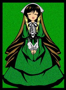 Rating: Safe Score: 0 Tags: 1girl black_border brown_hair closed_eyes dress green_dress image letterboxed long_hair long_sleeves open_mouth smile solo standing suiseiseki v_arms very_long_hair User: admin