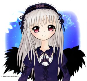 Rating: Safe Score: 0 Tags: 1girl black_wings detached_collar dress flower frills hairband image juliet_sleeves long_hair long_sleeves looking_at_viewer puffy_sleeves red_eyes ribbon rose silver_hair smile solo suigintou upper_body wings User: admin