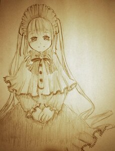 Rating: Safe Score: 0 Tags: 1girl capelet dress image lolita_fashion long_hair long_sleeves looking_at_viewer monochrome ribbon shinku solo traditional_media very_long_hair User: admin