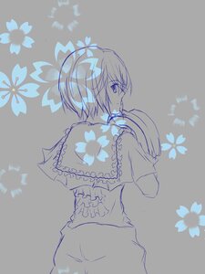 Rating: Safe Score: 0 Tags: 1girl blue_theme capelet floral_background flower image looking_back monochrome short_hair solo souseiseki User: admin