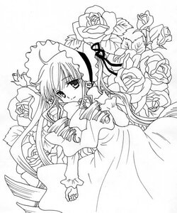Rating: Safe Score: 0 Tags: 1girl dress drill_hair flower greyscale hat image long_hair long_sleeves looking_at_viewer monochrome rose shinku simple_background solo twin_drills twintails very_long_hair User: admin
