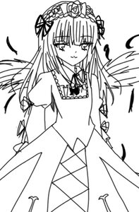 Rating: Safe Score: 0 Tags: 1girl angel_wings bangs blunt_bangs closed_mouth dress eyebrows_visible_through_hair feathered_wings feathers flower greyscale hairband image lolita_hairband long_hair looking_at_viewer monochrome ribbon simple_background solo suigintou white_background wings User: admin