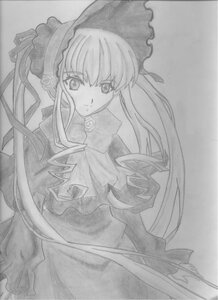 Rating: Safe Score: 0 Tags: 1girl bonnet bow bowtie dress frills greyscale image long_hair long_sleeves looking_at_viewer monochrome photo rose shinku simple_background smile solo traditional_media twintails very_long_hair white_background User: admin