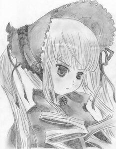 Rating: Safe Score: 0 Tags: 1girl bonnet flower frills greyscale image long_hair looking_at_viewer monochrome rose shinku simple_background solo suigintou traditional_media upper_body white_background User: admin