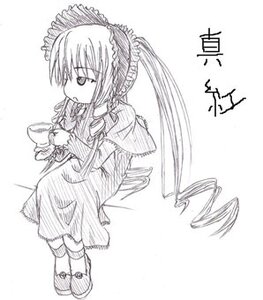 Rating: Safe Score: 0 Tags: 1girl dress full_body greyscale image long_hair long_sleeves monochrome shinku shoes simple_background solo teacup white_background User: admin