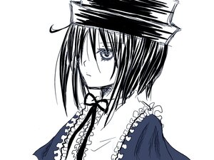 Rating: Safe Score: 0 Tags: 1girl closed_mouth frills hat image looking_at_viewer monochrome neck_ribbon ribbon short_hair simple_background solo souseiseki upper_body User: admin