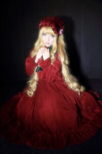 Rating: Safe Score: 0 Tags: 1girl blonde_hair blue_eyes choker dress flower long_hair long_sleeves red_dress rose shinku solo User: admin