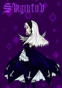 Rating: Safe Score: 0 Tags: 1girl dress frilled_sleeves frills hairband image long_hair long_sleeves purple_background silver_hair simple_background solo standing suigintou wings User: admin
