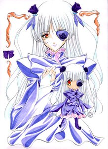 Rating: Safe Score: 0 Tags: 2girls barasuishou blue_flower dress eyepatch flower hair_ornament heterochromia image long_hair multiple_girls smile solo traditional_media white_hair yellow_eyes User: admin