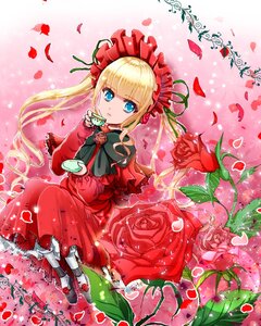 Rating: Safe Score: 0 Tags: 1girl blonde_hair blue_eyes bonnet bow capelet cup dress flower holding holding_cup image long_hair looking_at_viewer petals red_capelet red_dress red_flower red_rose rose rose_petals shinku sitting solo teacup User: admin