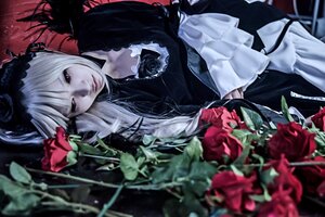Rating: Safe Score: 0 Tags: 1girl black_dress blurry closed_mouth depth_of_field dress flower hairband lips lolita_fashion long_hair long_sleeves looking_at_viewer pale_skin realistic red_flower rose solo suigintou User: admin