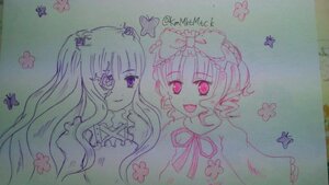 Rating: Safe Score: 0 Tags: 2girls bow dress hair_bow hinaichigo image kirakishou long_hair monochrome multiple_girls open_mouth pair ribbon short_hair smile star_(symbol) traditional_media watercolor_(medium) User: admin